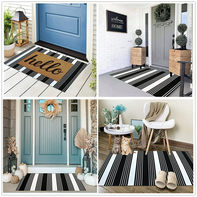 Front Door Rug, Outdoor Striped Rug, Black White Front Porch Decor Layered  Mat