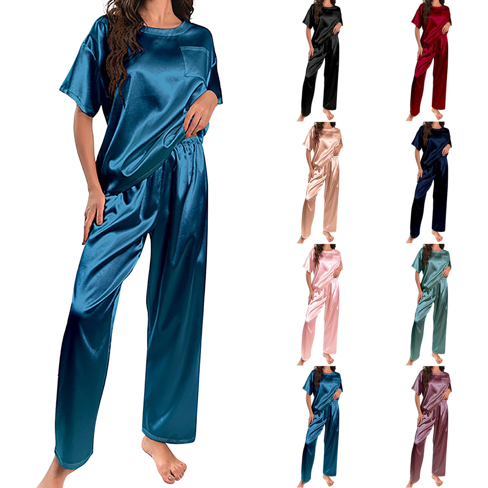 Womens Silk Satin Pajamas Set Short Sleeve TwoPiece Sleepwear Shirt