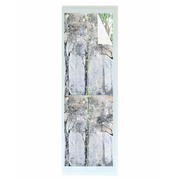 Window Privacy Film Gray Forest Stained Glass Window Film Decorative Sun Block Window Cover Vintage Watercolor Trees Branch Window Clings Static Adhesive Sticker for Bathroom 17.7"x78.7"
