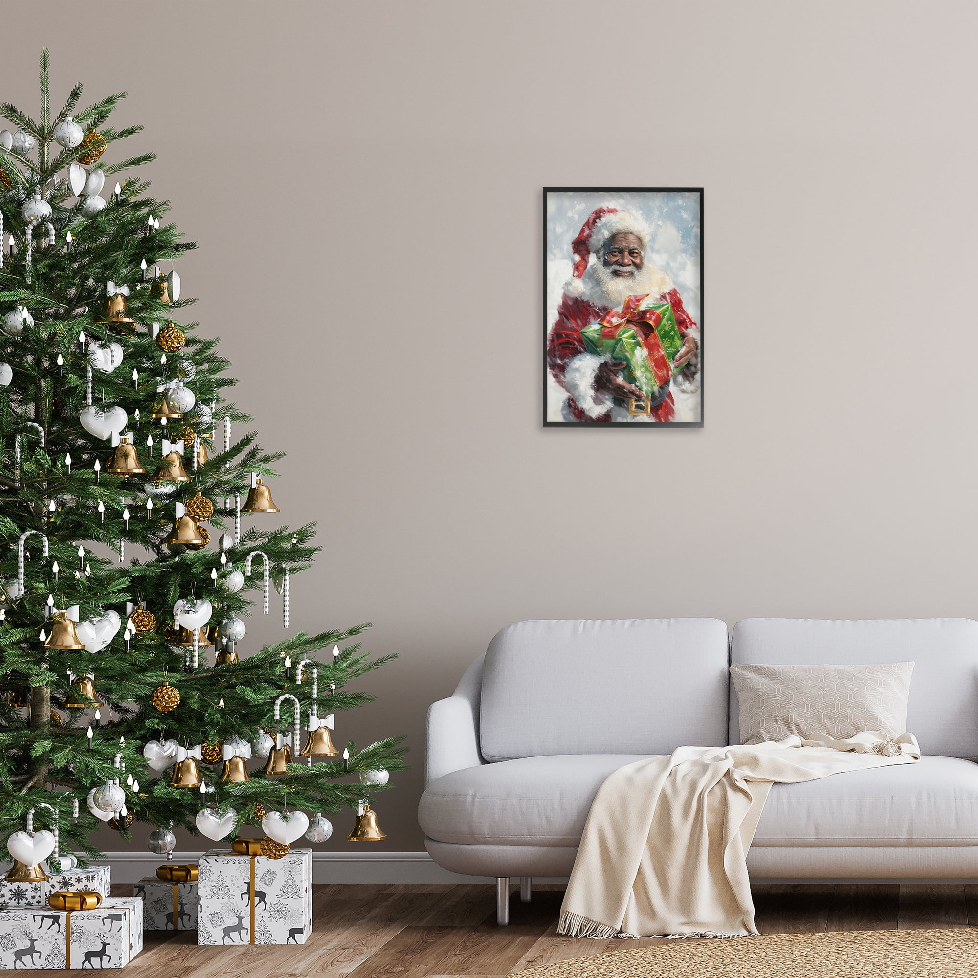Stupell Industries Santa Claus & Gift Holiday Painting Black Framed Art Print Wall Art, 16 x 24