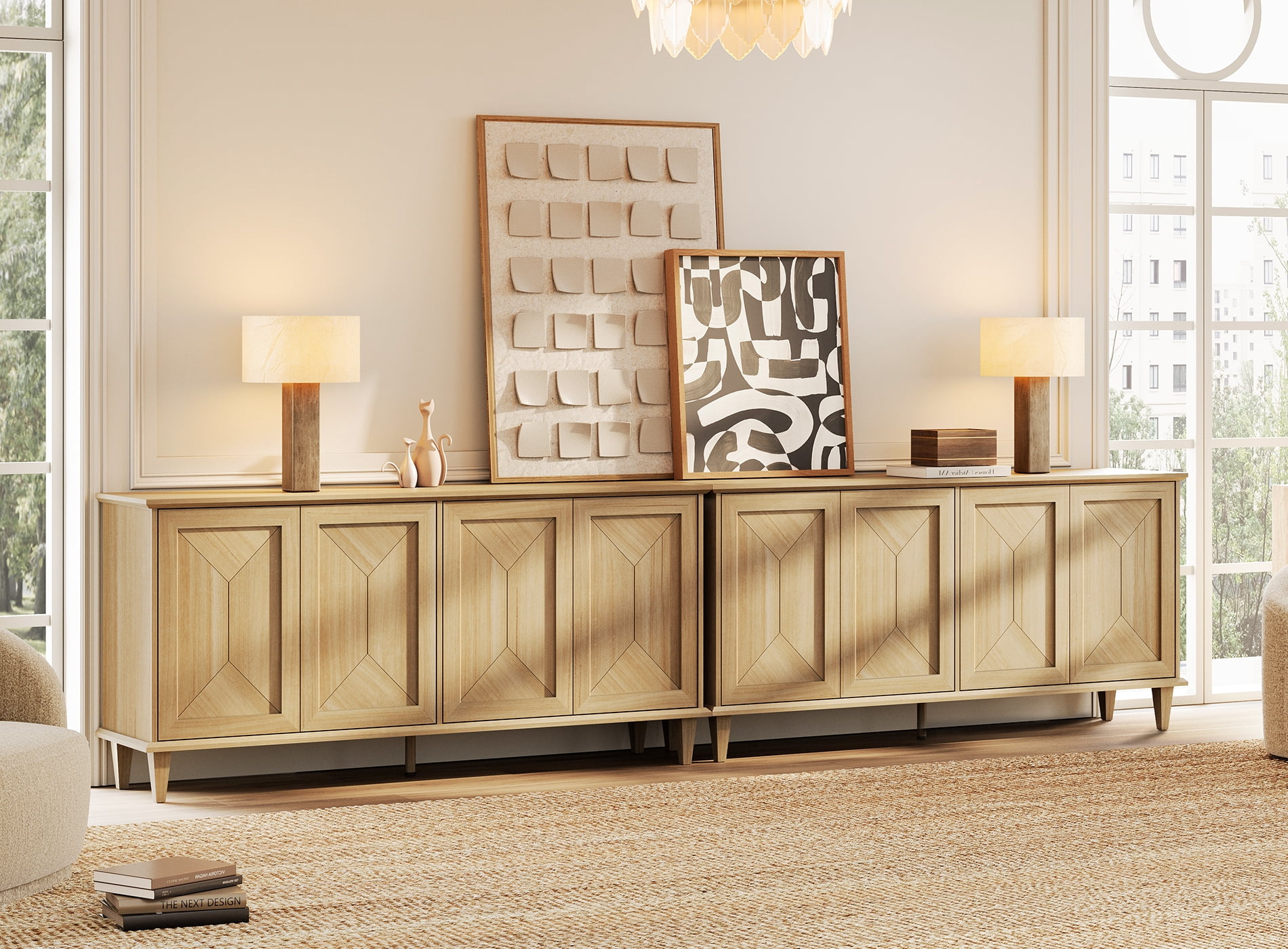 WAMPAT Modern Farmhouse Media Console for 85-130+ inch TVs,130-inch Large Double Unit TV Stand with Handcrafted Patchwork Doors,Massive Storage with Adjustable Shelves & Cable Management,Natural Oak