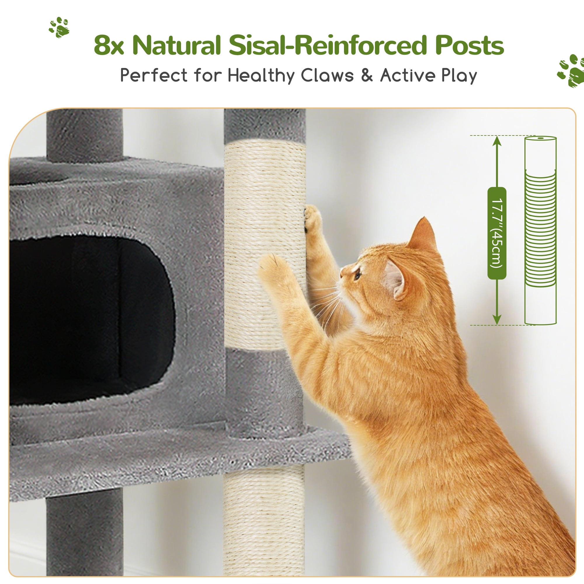 Globlazer 84" Multilevel Large Cat Tree Tower for Indoor Cats with 2 Condos, 3 Hanging Baskets & 8 Scratching Posts, Light Gray