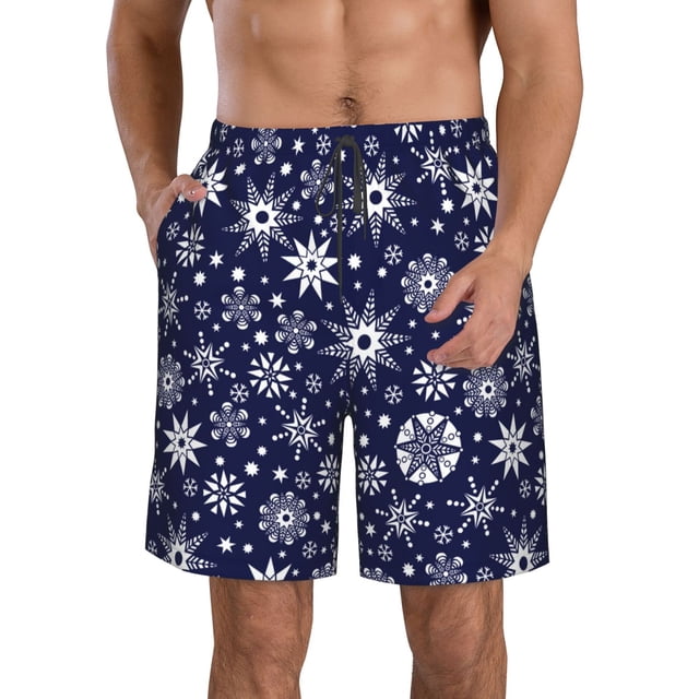 Sikiie Snowflakes2 Print Men's Beach Shorts, High Elastic Quick-drying Shorts - with Drawstring and Slip Pockets, Suitable for Beach, Sports, Vacation-Large