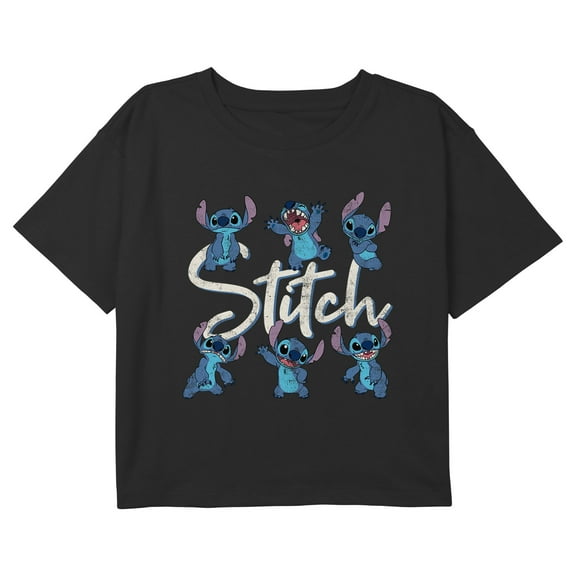 Girl's Lilo & Stitch Many Distressed Poses Graphic Cropped T-Shirt Black Medium