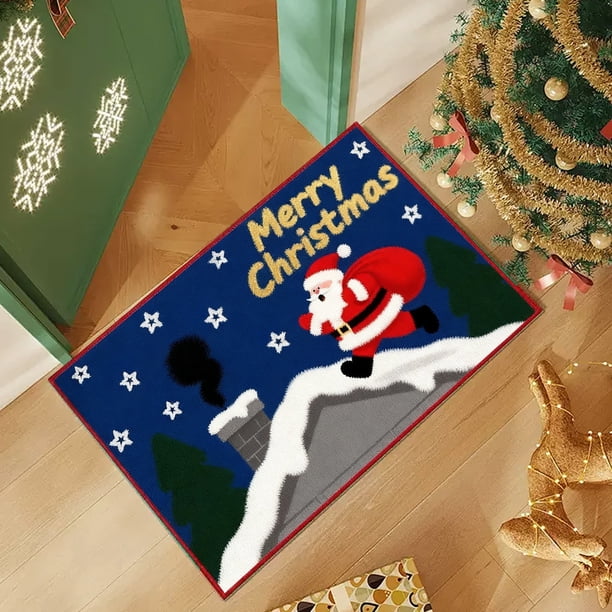Seyotauo Winter Merry Christmas Santa Deer Snowflake Kitchen Rugs and Mats Kitchen Floor Mats Seasonal Decor Anti Slip Xmas Tree Cushion Case Bathroom Rug for Indoor Holiday Decoration