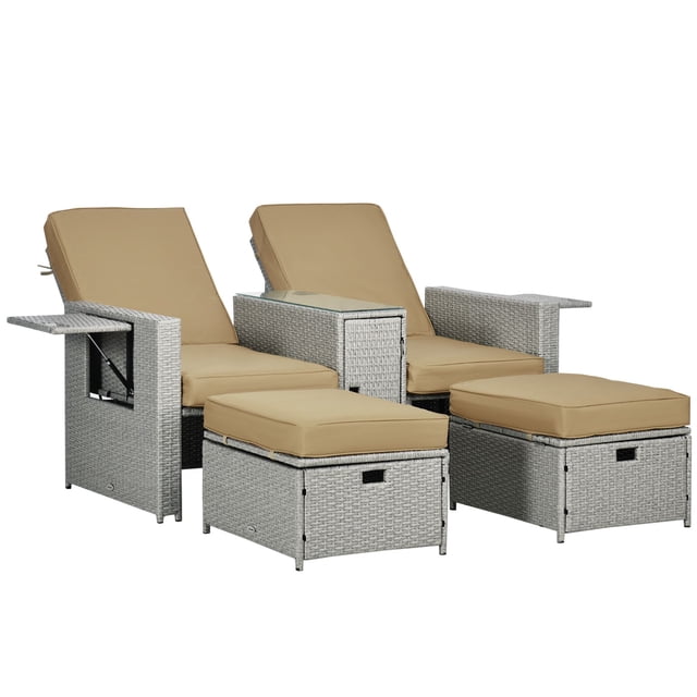 Ensemble de 5 Chaises Longues de Patio en Rotin PE, Chaises Longues Inclinables à 5 Niveaux Réglables avec Repose-Pieds de Rangement et Table d'Appoint en Verre Trempé, Mobilier d'Extérieur Kaki pour Jardin et Bord de Piscine