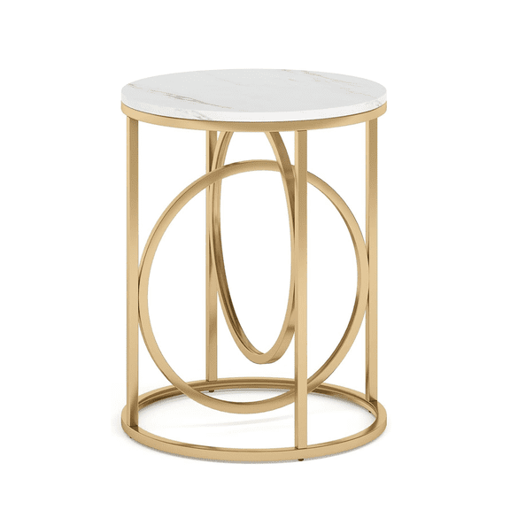 KIOOTTO Round End Table with White Faux Marble Top and Gold Ring Frame