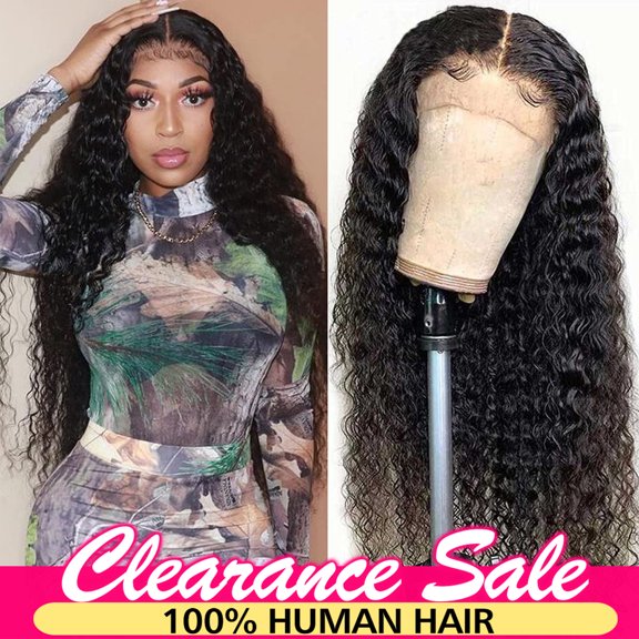 Wonder Girl Hair 34"Deep Wave Lace Front Wigs Human Hair For Black Women Natural black 13x6x1 T Part Hd Transparent Lace