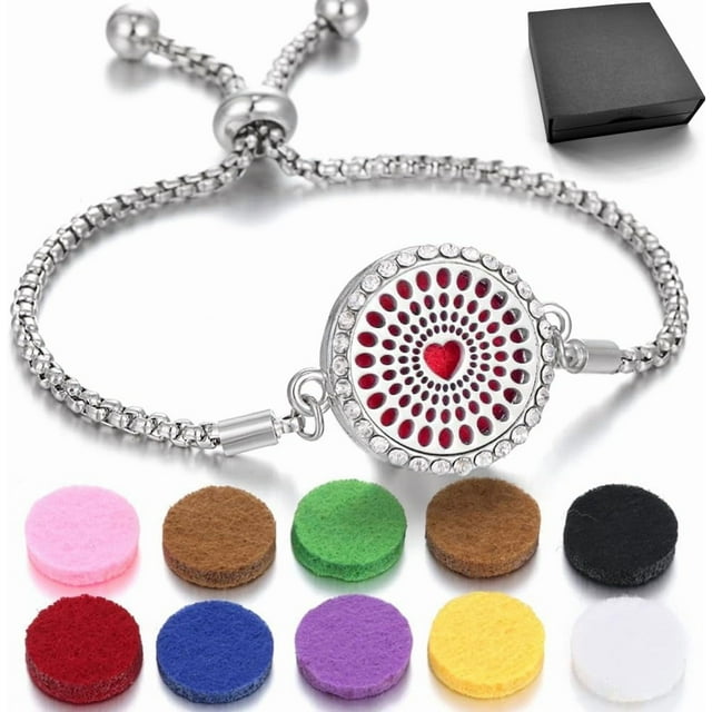 JEAN SMILE Essential Oil Diffuser Bracelet Aromatherapy Locket Scent Bracelet Adjustable Bracelet Love Motif Styles Set with 10 Refill Pads,Pads Send a Beautiful Gift Box