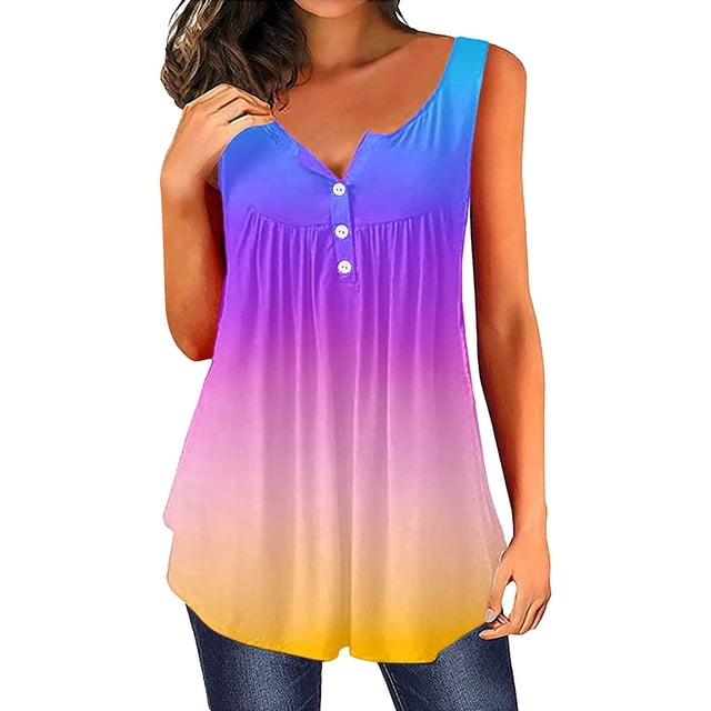 Playeras,Blusas y Tops,Ropa para Mujer Loose Tank Tops Para Las Mujeres Top de chaleco estampado degradado con cuello en V y botón simple informal de verano para mujer (Purple, L)