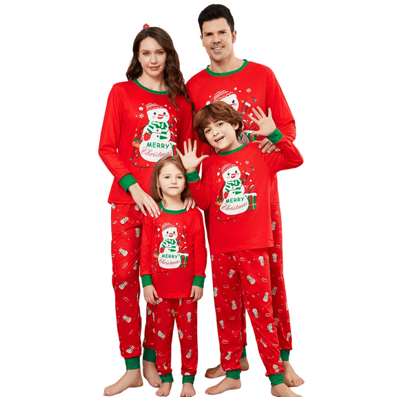Onlypjs Family Matching Christmas Pajamas – Red Snowman Print Long Sleeve Top & Pants Set for Women, Men
