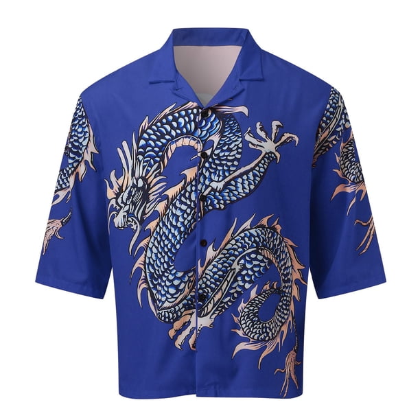 Camisas De Sport Para Hombre Camisa de solapa con estampado de dragón de verano de tendencia masculina, camisa refrescante cómoda de manga corta (Blue, M)