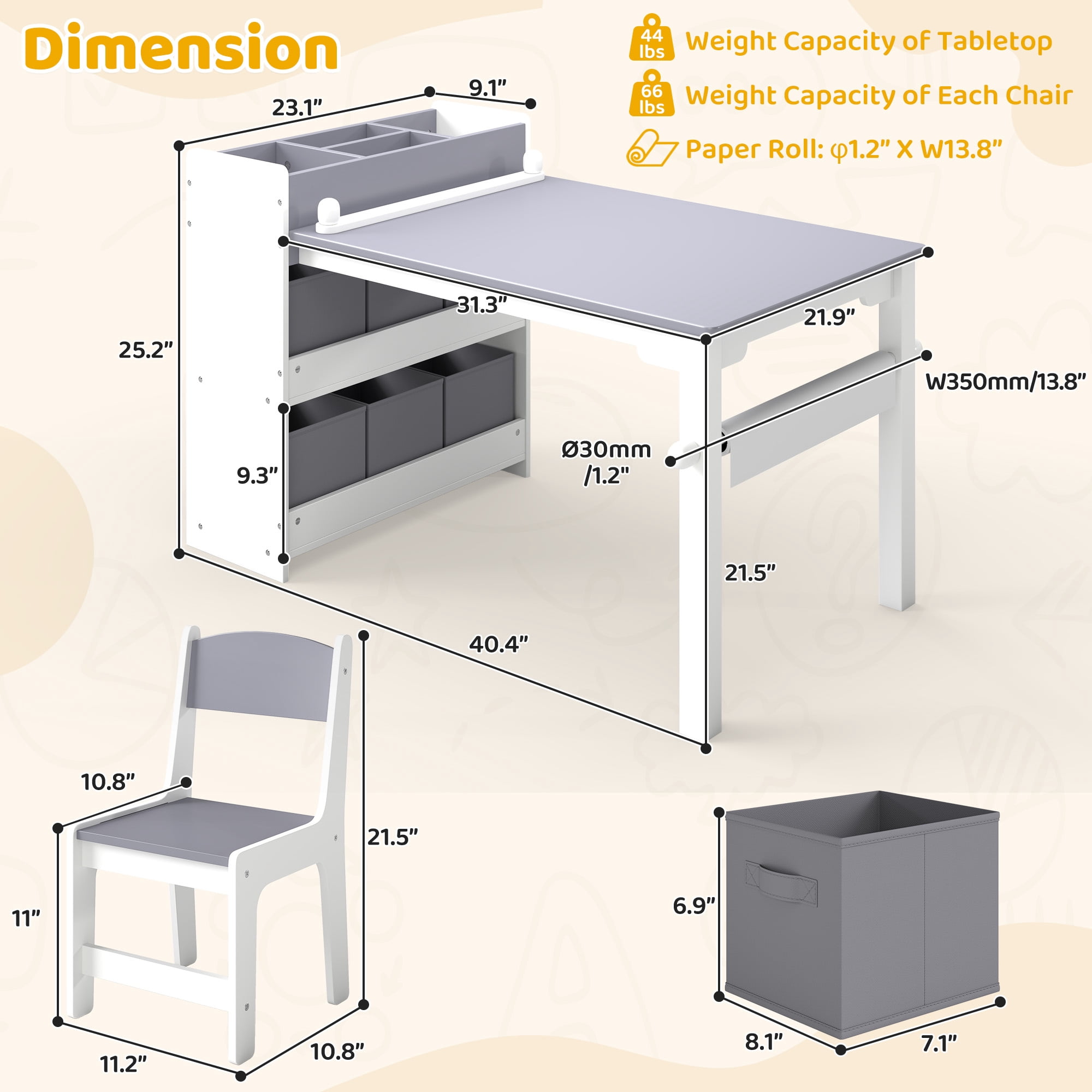 Kids Art Table and Chair Set, Craft and Play Wood Activity Table with Storage Bins and Paper Roll, Toddler Desk for Playroom/Nursery/Home, Kids Table and Chairs Set for Drawing/Learning/Read