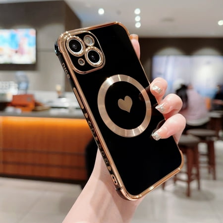 Wellovy Slim Case for iPhone 15 Plus, Electroplated Edges Love Heart Pattern Cute Cover Compatible with MagSafe, Shockproof Silicone Rubber Protective Phone Case for iPhone 15 Plus, Black