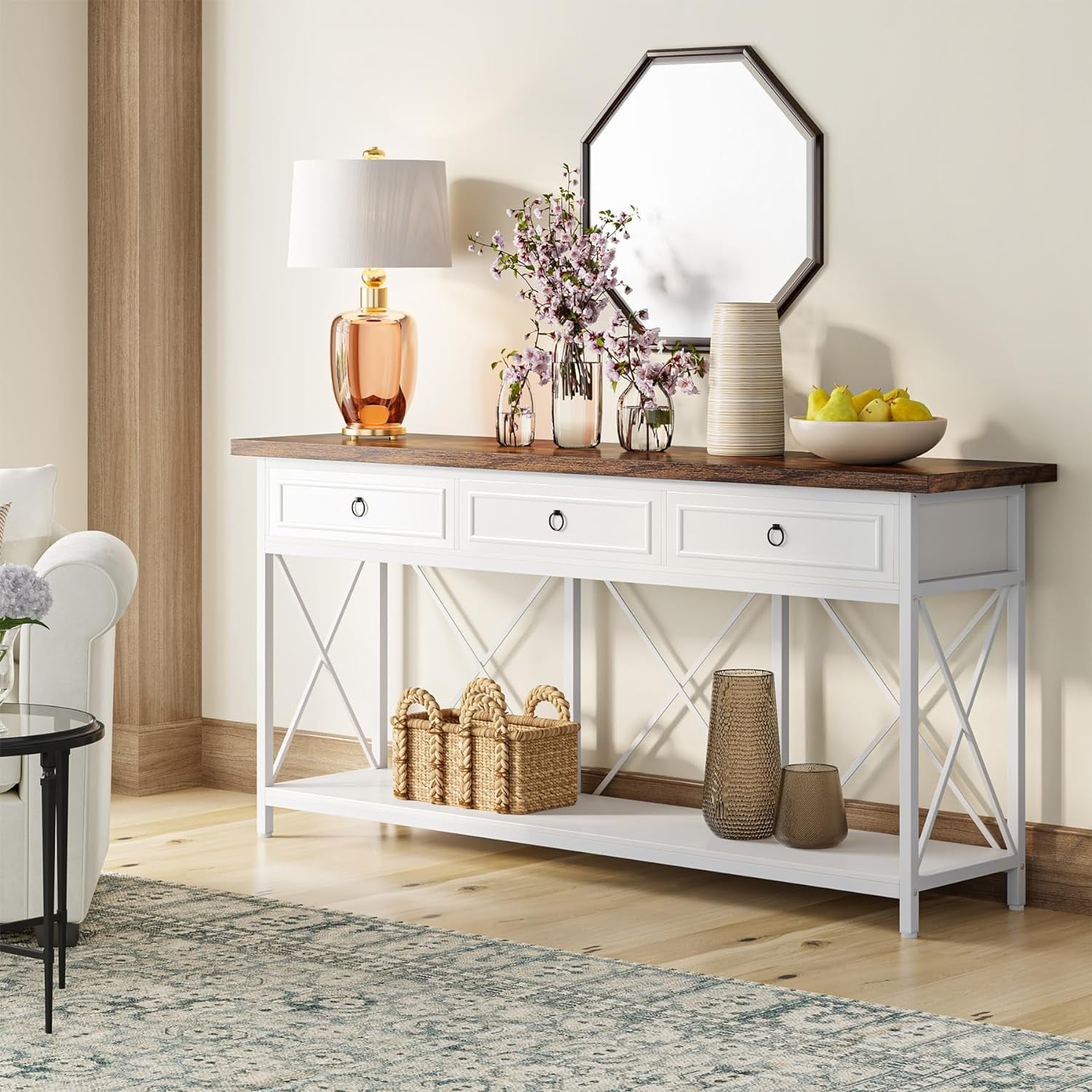 Tribesigns 70.8" Console Table with 3 Drawers, Farmhouse Entryway Table with Storage Shelf for Entryway, Hallway (White/Brown)