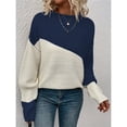 thumbnail image 4 of Suéter Casual de Color Block para Mujer, Cuello Redondo, Larga, Punto Acanalado Azul Marino S, 4 of 8