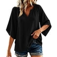 thumbnail image 2 of hoksml Women Raglan Gathered Notch V Neck Dolman Half Sleeve Blouse Cotton Linen Crinkle Loose Curved Hem Casual Top for Daily Vacation, 2 of 7
