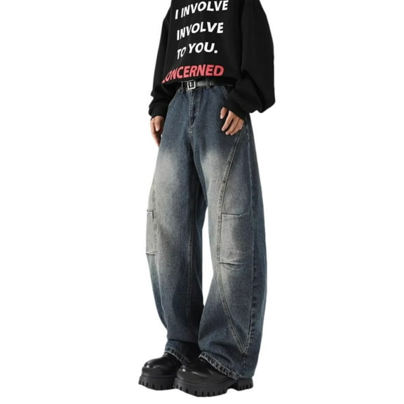 CONROSES Mens Baggy Jeans Solid Color Y2K Denim Pants for Men Casual Wide Leg Elastic Waist Drawstring Streetwear Jeans With Pockets