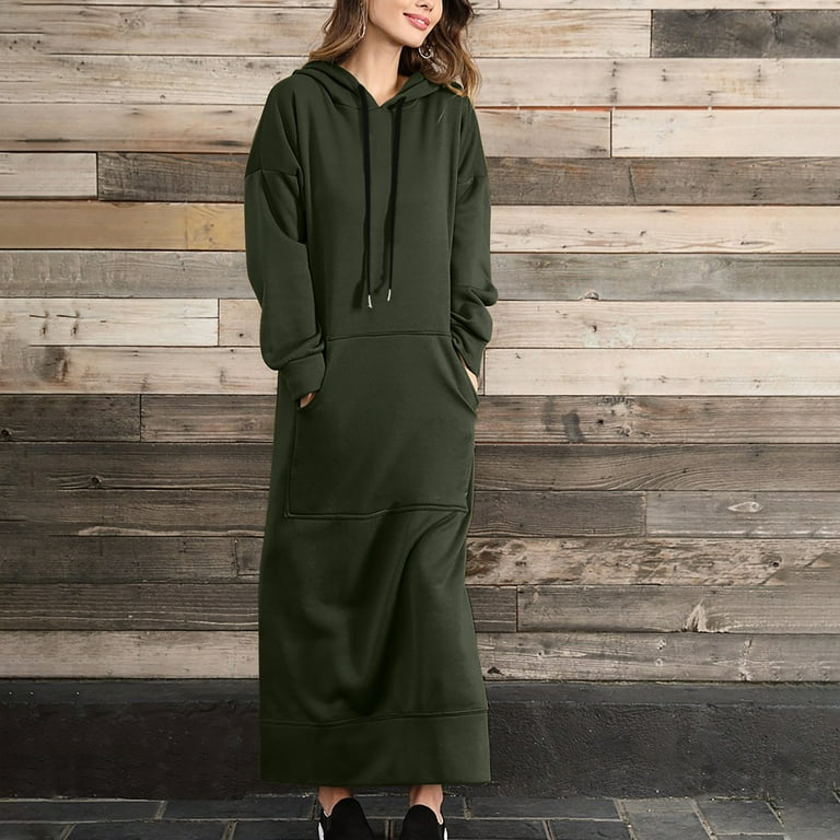 NSLGXD Women Hooded Maxi Dresses Casual Loose Long Sleeve