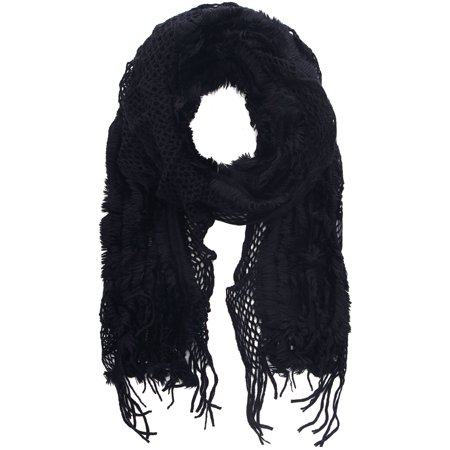 Basilica Drape Style Scarf With Soft Fishnet Knit Pattern Black