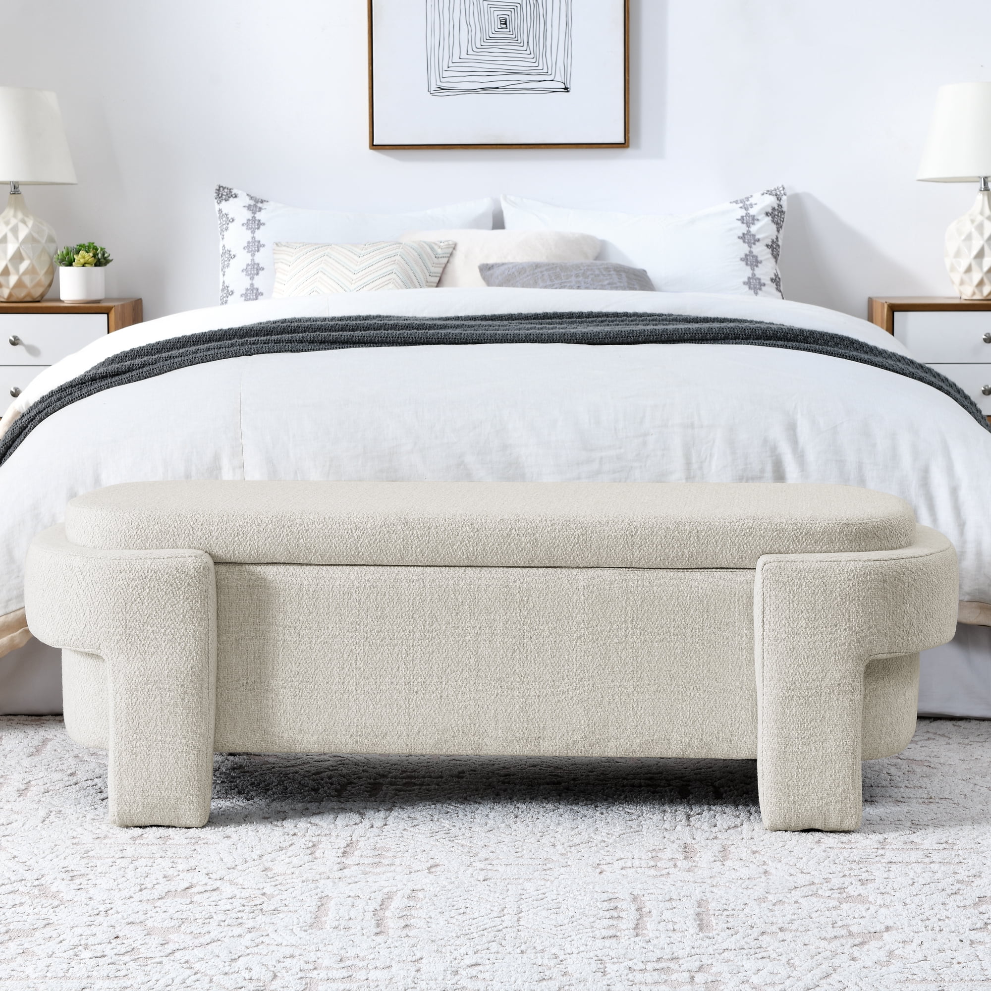 BSHTI Linen Fabric Upholstered Bench with Large Storage Space for the Living Room, Entryway and Bedroom,Beige