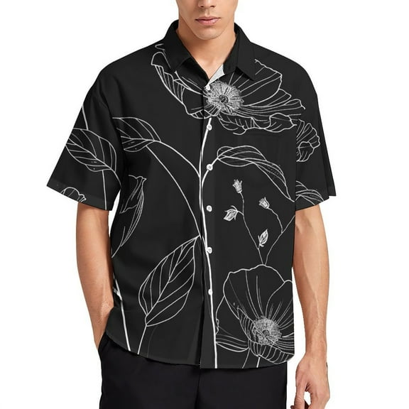 Mens Unique Pattern Black And White Ink Flower Button Up Shirts Vacation Summer Clothes