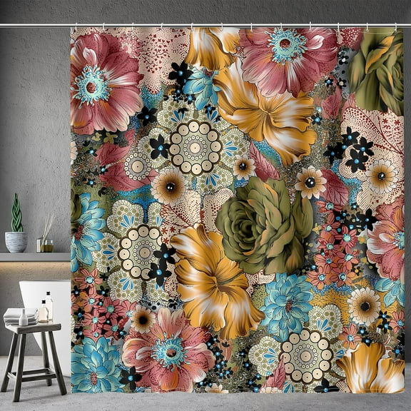 Extra Long Boho Shower Curtain - Bohemian Chic Floral Ethnic Style Printed Flowers Fabric Cloth Shower Curtain Set with 12 Hooks Bathroom Decor Bathtub Curtain, 72"84"