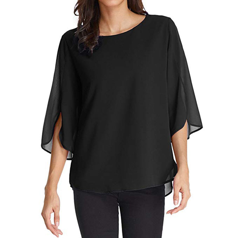 VonVonCo Fashion Womens Off The Shoulder Tops Pullover Flared Long-Sleeved Chiffon Neck Line Hollow Loose Top