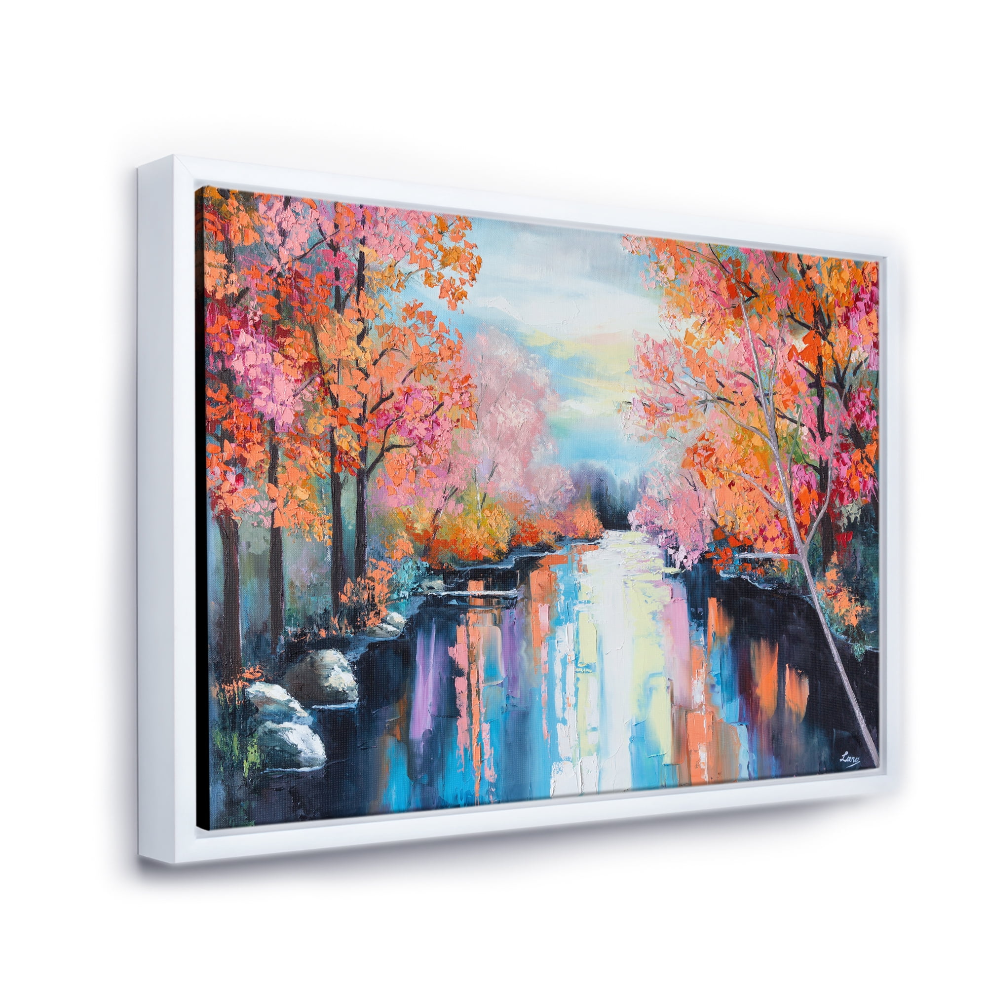 Designart 'The River Through Orange Autumn Forest' Lake House Framed Canvas Wall Art Print