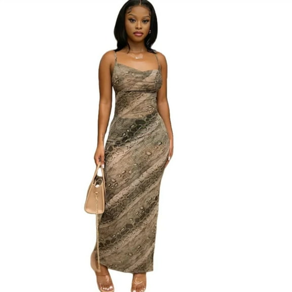 Women's Snake Print Halter Dress, Sleeveless, Backless, Sexy