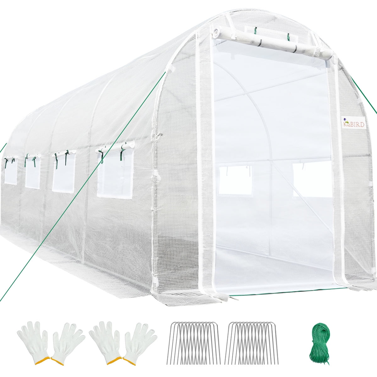 KING BIRD 15x6.6x6.6FT Upgraded Large Walk-in Greenhouse Heavy Duty Galvanized Steel Frame 2 Zippered Screen Doors 8 Screen Windows Tunnel Garden Plant Hot Green House 20 Stakes 4 Ropes 2 Gloves White 