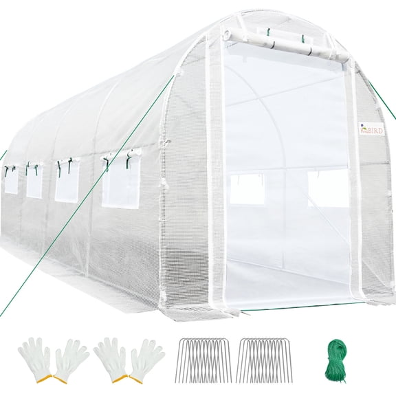 KING BIRD 15x6.6x6.6FT Upgraded Large Walk-in Greenhouse Heavy Duty Galvanized Steel Frame 2 Zippered Screen Doors 8 Screen Windows Tunnel Garden Plant Hot Green House 20 Stakes 4 Ropes 2 Gloves White