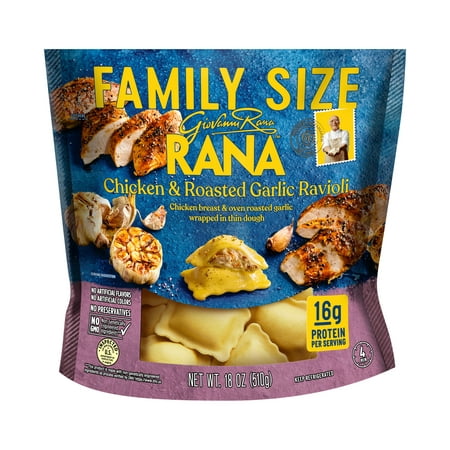 Giovanni Rana Ravioli Chicken Roasted Garlic Filled Italian Pasta Bag (Family Size, 18oz, Fresh), Refrigerated