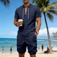 thumbnail image 6 of Eryao Big and Tall Men's Beach Sets 2 Piece Short Sleeve Lace V Neck Shirts Matching Athletic Shorts with Pockets Summer Vacation Lounge Outfits,Navy,M, 6 of 9