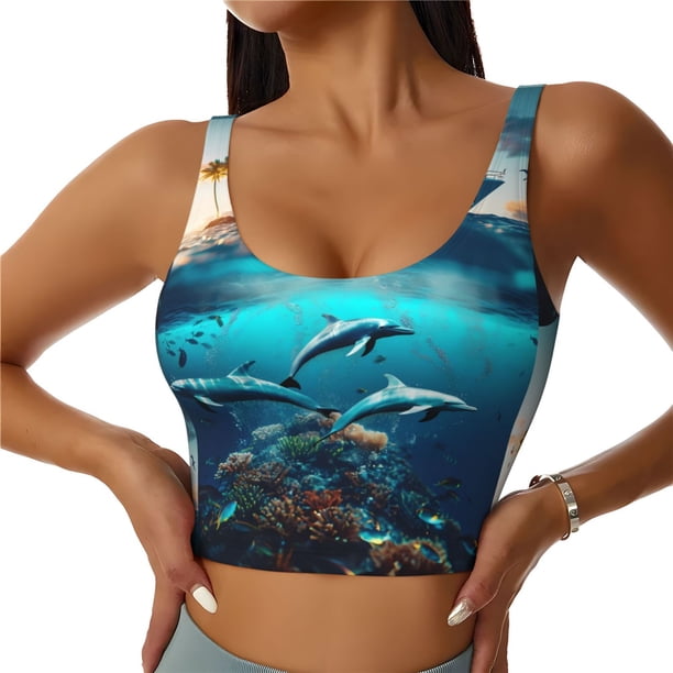 Fotbe Hawaiian Ship Dolphin Sujetador Deportivo Largo sin Aros para Mujer con Almohadillas y Soporte Medio, Transpirable y Absorbente, Camiseta Tipo Chaleco o Tank Top-Medium