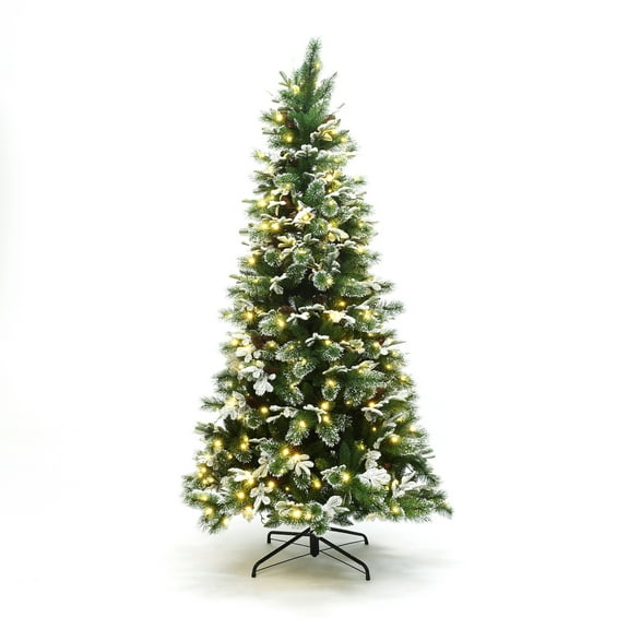 7Ft Pre-Lit Lightly Snow-Flocked Green Branches Artificial Tree with Stand