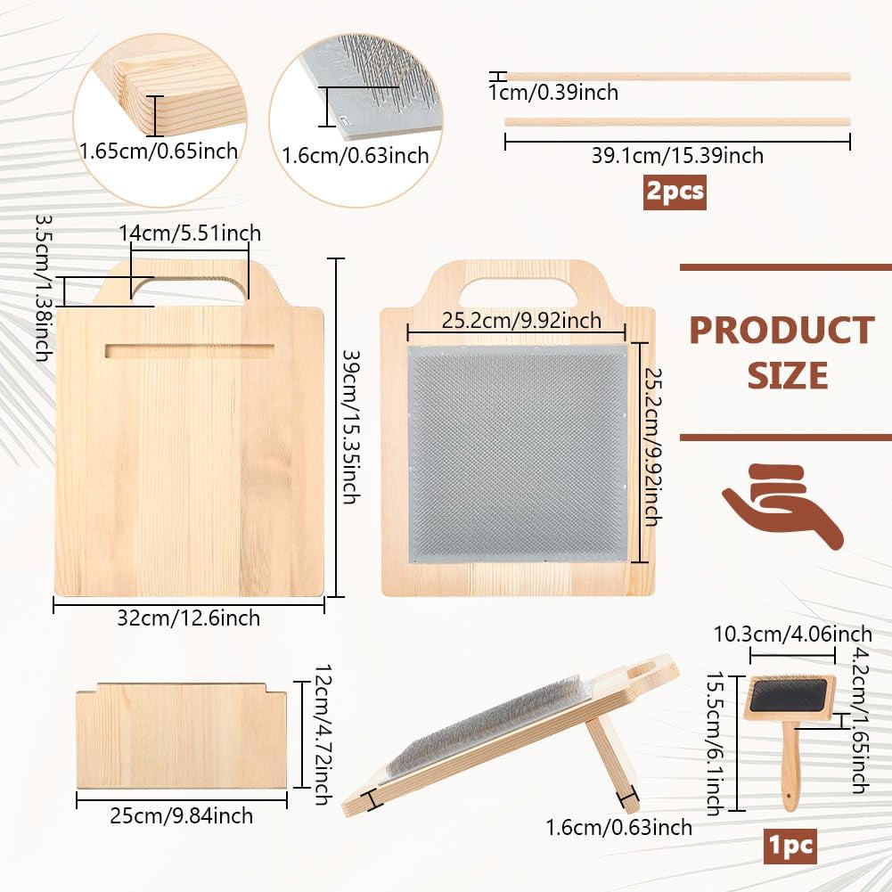 Wool Blending Board Carding Brush Set 14.2x12.5x6.2inch Fiber Blending Board with 1pcs Wool Brush 2pcs Wood Craft Sticks for Mix Colors Organize Wool Fibers