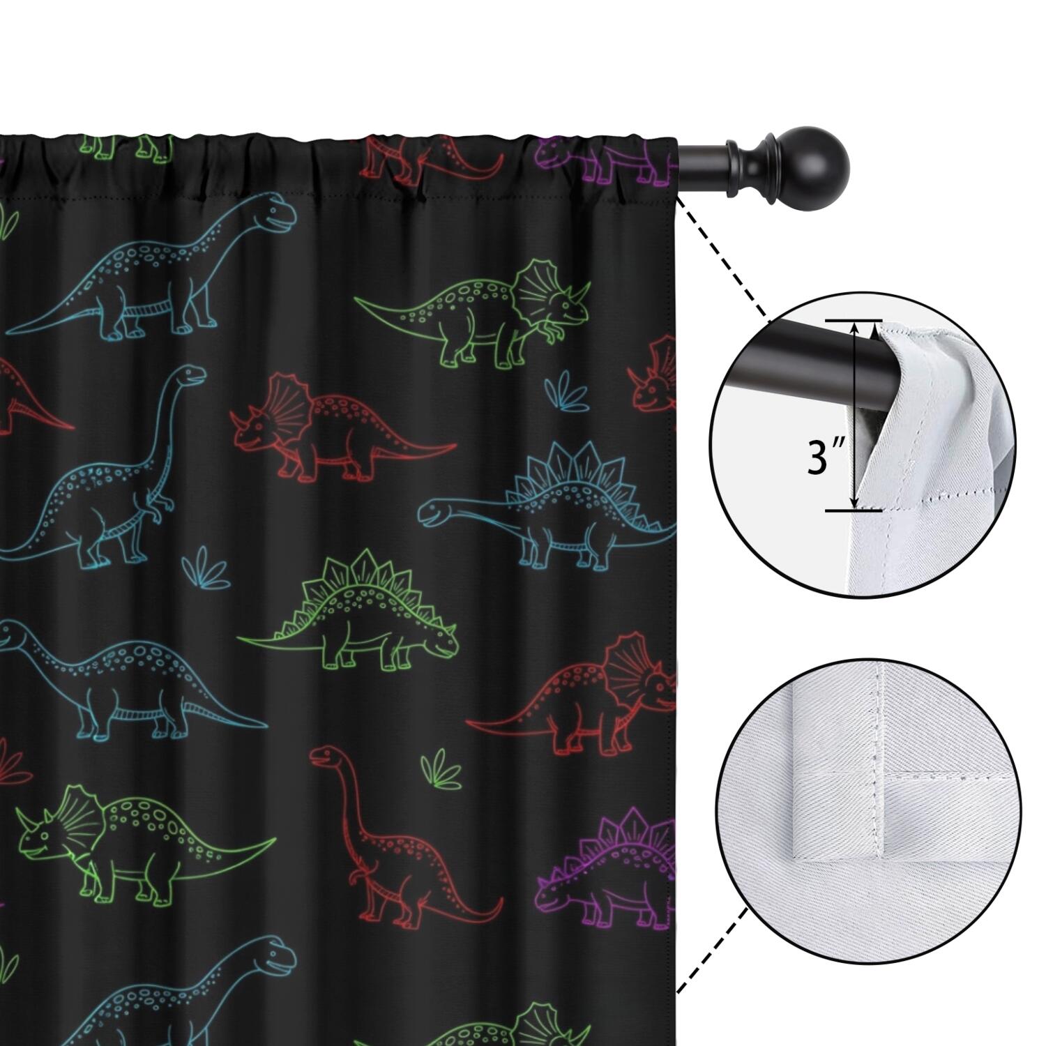 Blackout Kids Curtains,Neon Outline Dinosaurs Childrens Insulated Curtains Set Of 2,Bedroom Essentials,Toddler Room Decor 52"x63"