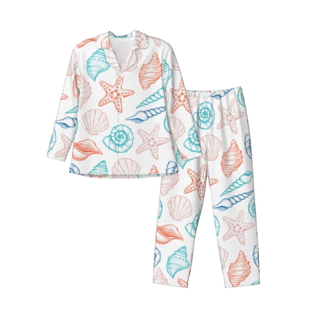 Balery Colorful Seashells1 Pijama para Hombre de Dos Piezas con Manga Larga, Conjunto de Dormir y Descanso Suave con Bolsillos-Medium