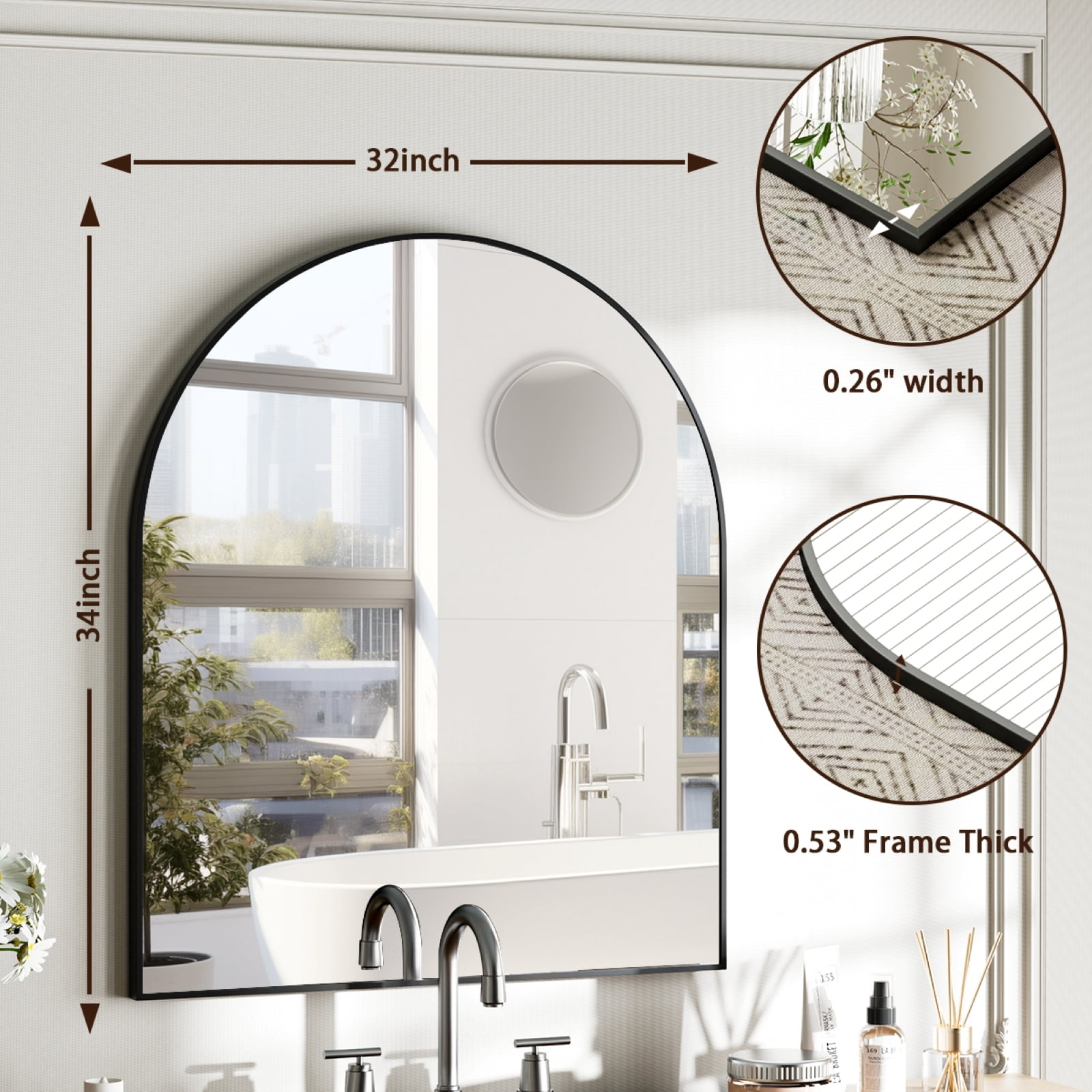GRAHMCY 34"x32" Arched Bathroom Mirror Wall Mirror With Aluminum Alloy Frame, Black