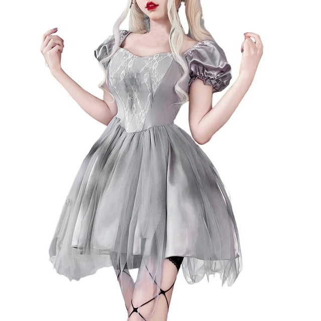 Pisexur Robe Gothique pour Femmes Vintage Costumes d'Halloween Manches Courtes Robe Midi Fluide Mode Moulante Noël Cosplay Robe de Fête Robe Goth Mignonne Robe de Soubrette