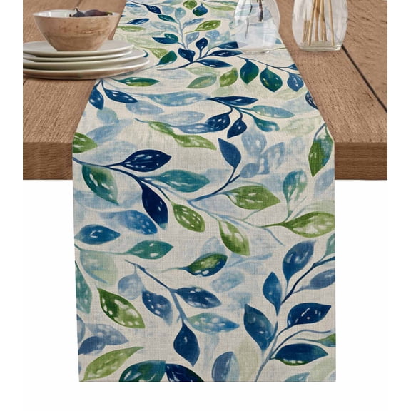 Navy Blue Leaves Table Runner 36 Inches, Green Summer Botanical Rustic Bed Runner Dresser Scarves Tabletop for Indoor Outdoor Parties/Ceremony/Banquet, 13"x 36"