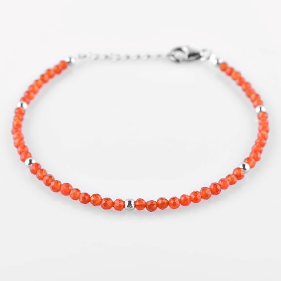 QNAVIC Natural Carnelian Gemstone Micro Beads with Silver Ball Bangle Bracelet for Women, Handmade Jewelry, Healing Chakra Crystals, 925 Sterling Silver Chain 8 Inch, Birthday Gifts