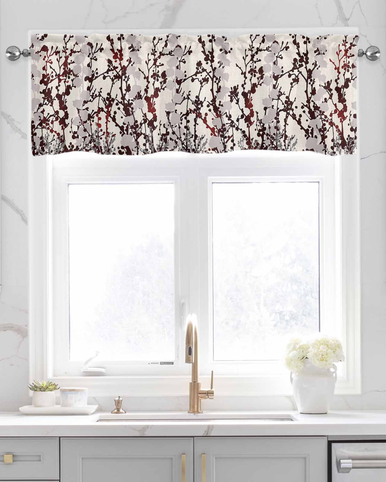Black Brown Branches Linen Curtain Valance for Bedroom/Bathroom/Kitchen/Office/Living/Dining Room Window,Watercolor Botanical Abstract Art Rustic Rod Pocket Topper Decorative Cafe Drapes Panel 60x18