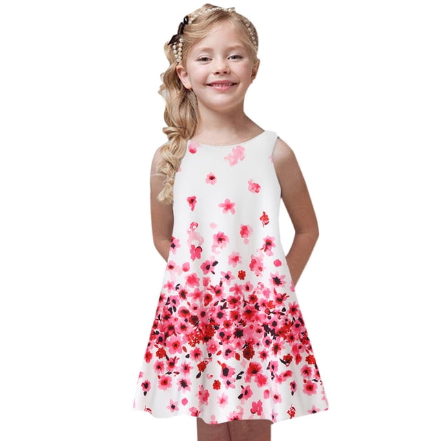 LSLJS Robe d'Été Sans Manches à Fleurs pour Bébé Fille, Robe Hawaïenne de Plage pour Fête, Boho Princess, Robe Soleil ( 6-7 Ans, Rose )