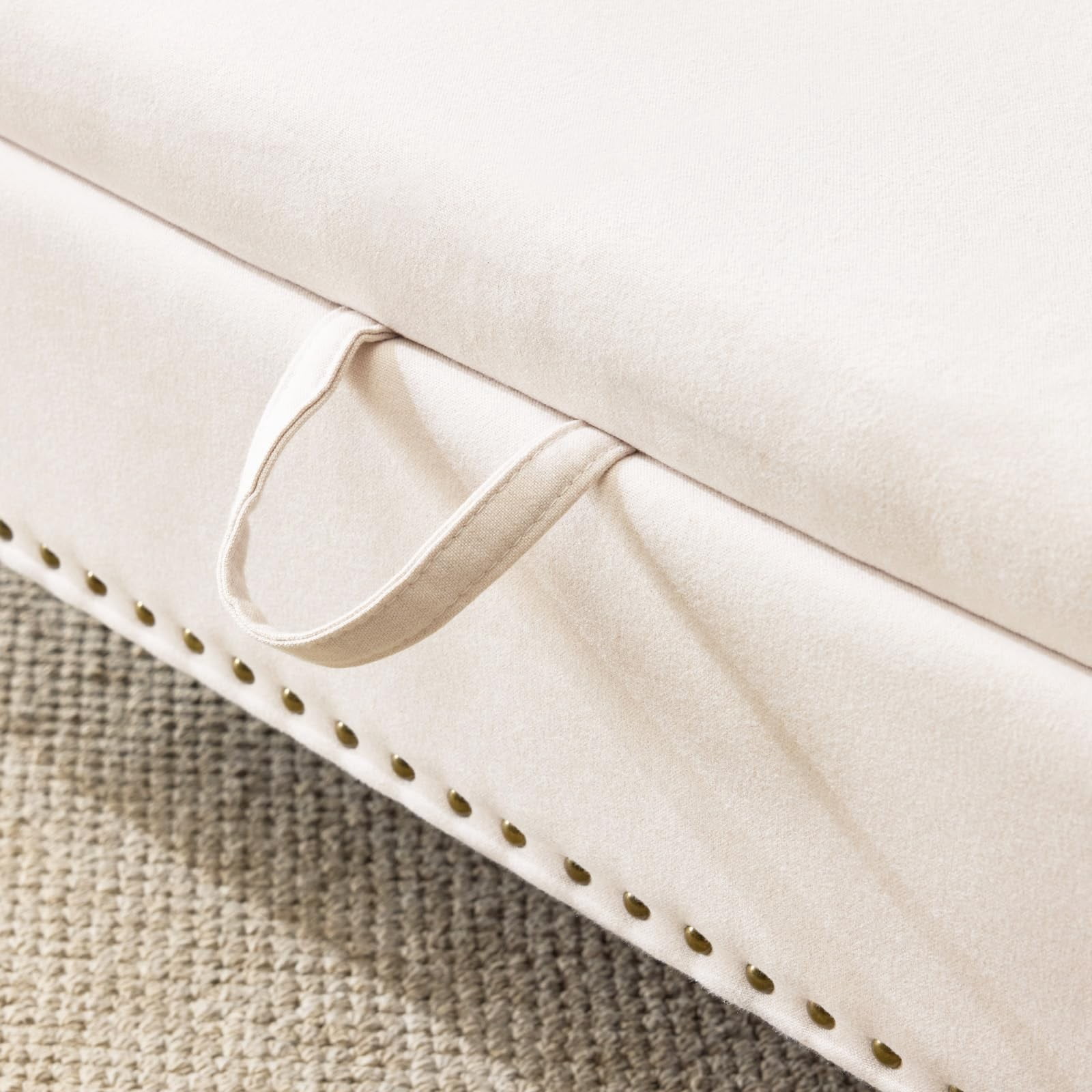 51.5" Storage Ottoman Bench for End of Bed, Upholstered Bedroom Bench with Hidden Storage, Rolled Arm Linen Bench for Entryway Living Room, Beige