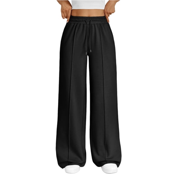 Fashion Women's High Waist Wide Leg Loose Casual Drawstring Sports Pants, Black, Size L