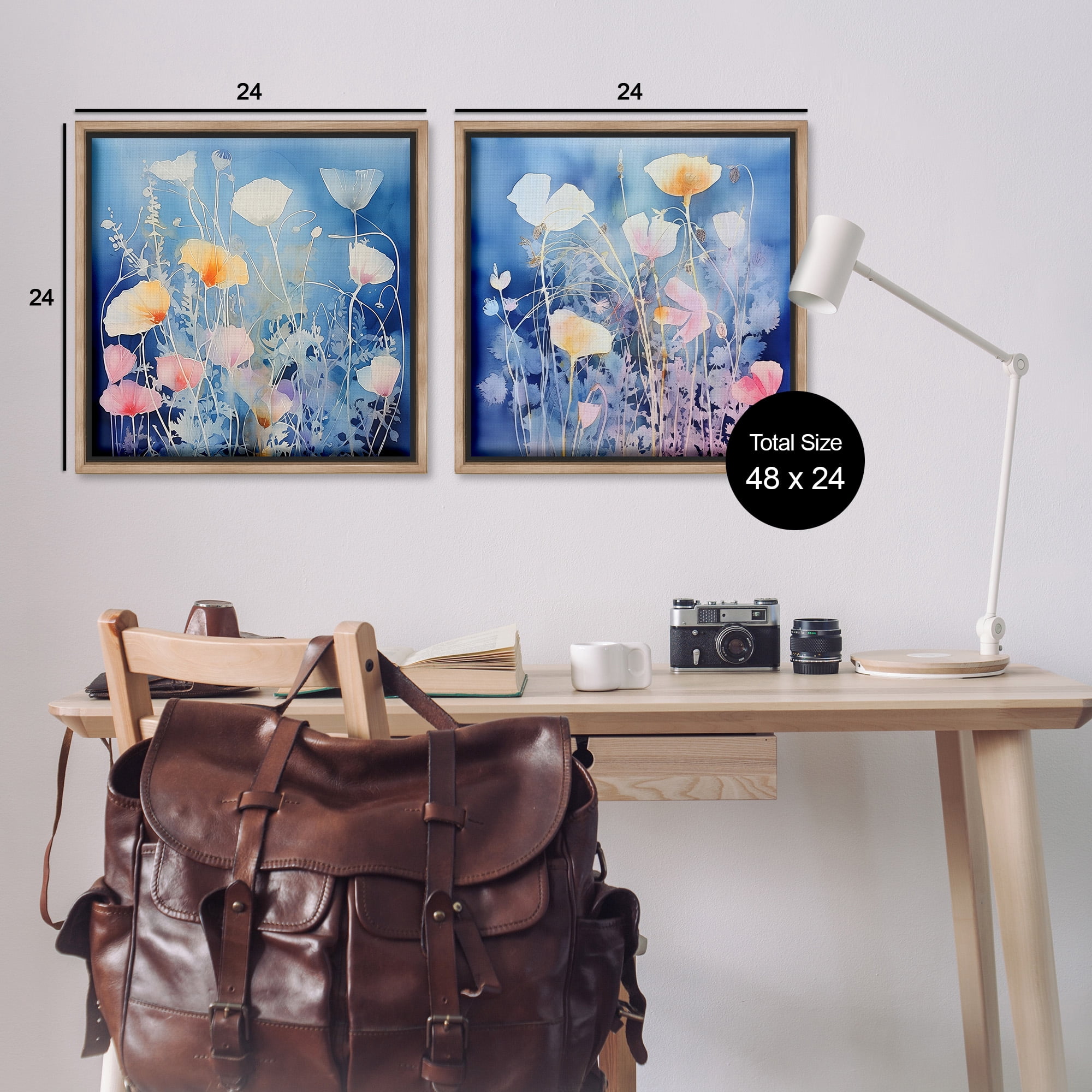 Stupell Industries Abstract Poppies on Blue Botanical & Floral Painting Brown Floater Framed Canvas Art Print Wall Art, 25 x 25, Set of 2
