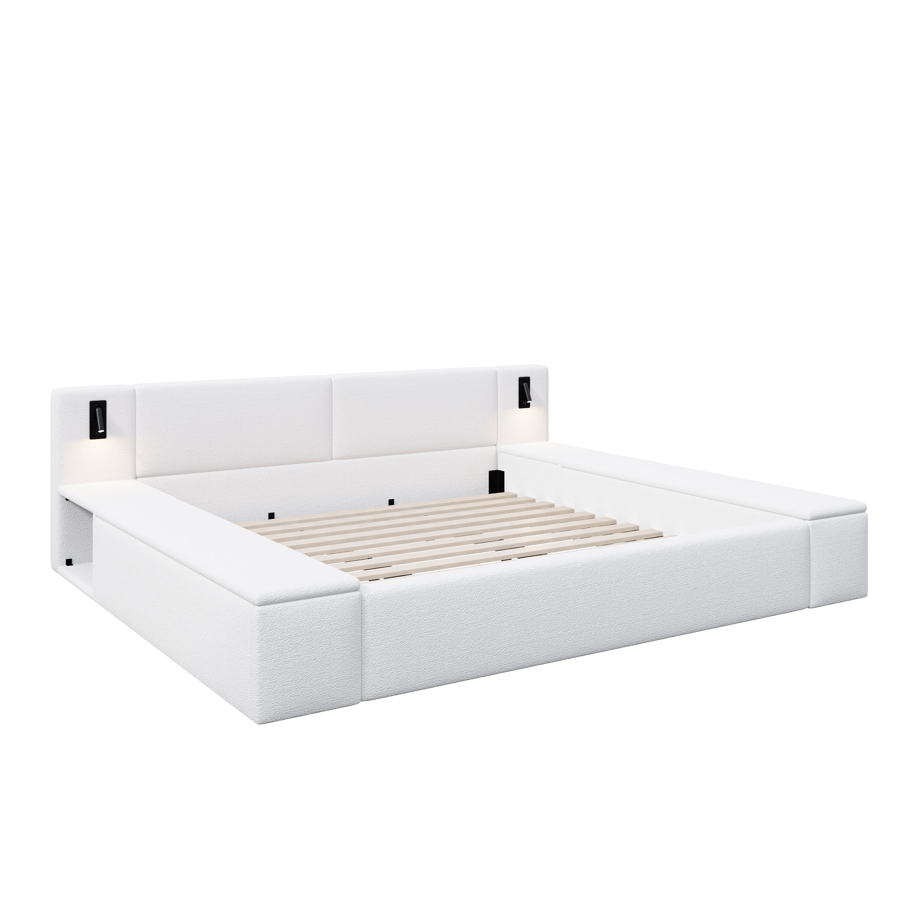 King Size Platform Bed w/ Hidden Storage, Built-in Nightstands, Reading Lights, No Box Spring Needed