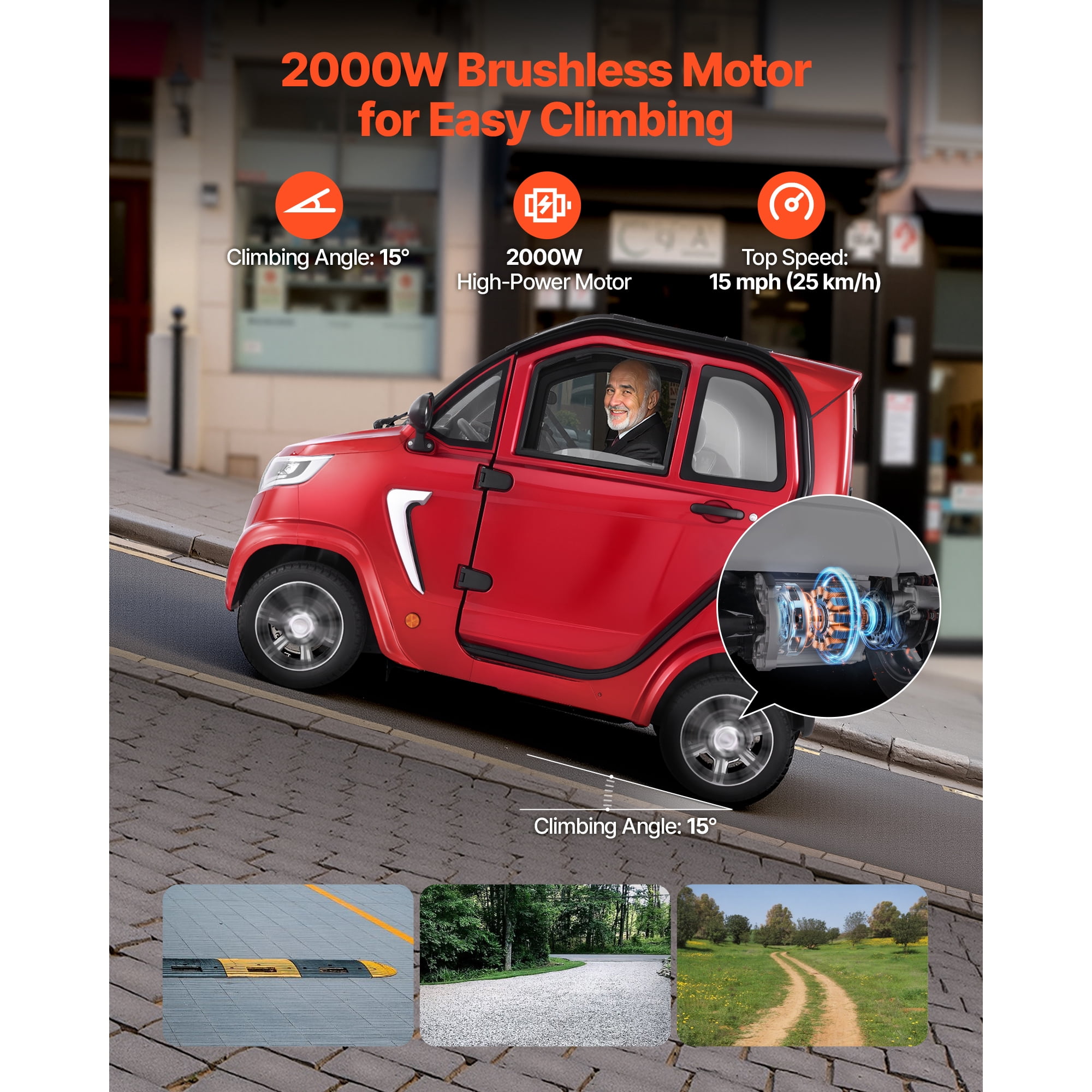 KFFKFF 4-Wheel Enclosed Electric Mobility Scooter for Adults and Seniors, 660 lbs Capacity, 3-Seater Recreational Vehicle with 45-Mile Range, Remote Unlock, and All-Terrain Design for Travel